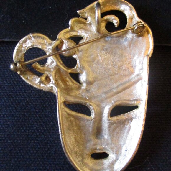 Vintage 1980's Madri Gras Masquerade Gold Tone Brooch w/Pearls & Rhinestones - Picture 2 of 2